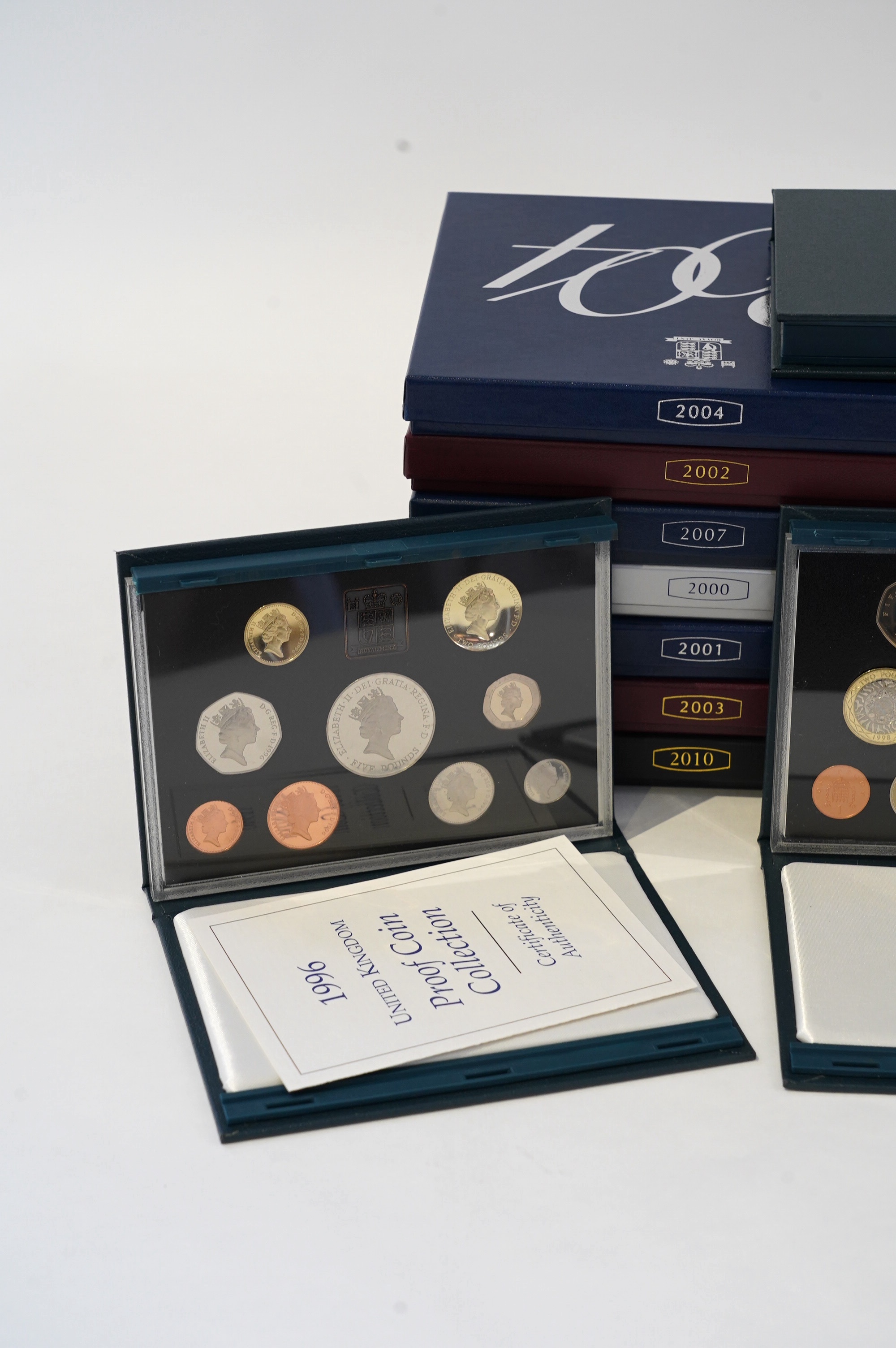 British proof coin year sets, Elizabeth II, sixteen cased sets covering the years 1996-2004, 2006-2008 and 2010-2013, each in case of issue with certificate